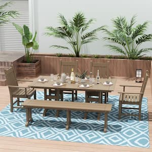Hayes Weatherwood 6-Piece HDPE Plastic Rectangular Outdoor Armchair Dining Table Set with Bench
