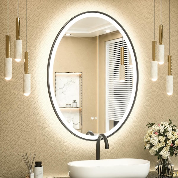 24 in. W x 32 in. H Oval Framed Bathroom Mirrors Wall Mount LED Bathroom Vanity Mirror in Black