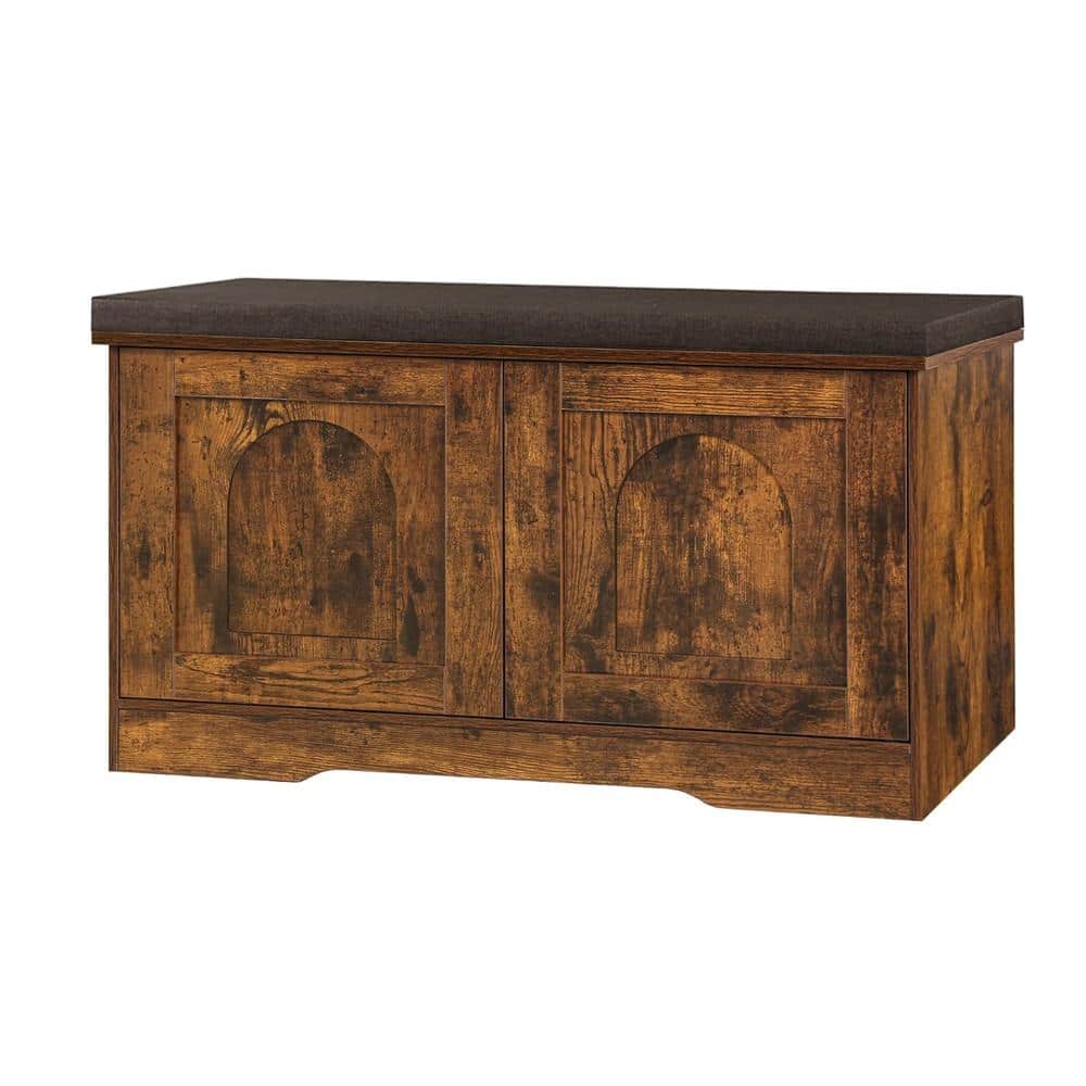 31.5" W Rustic Brown Wood Shoe Storage Bench with 2 Doors and Cushion