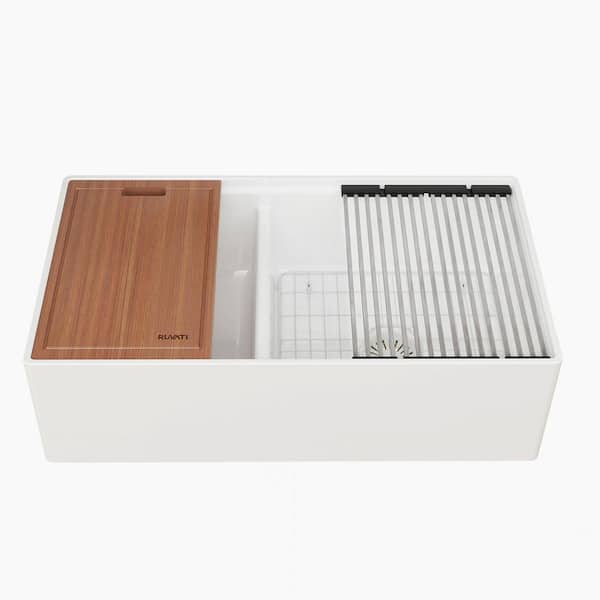 Fiore 33 in. Apron-Front Farmhouse Single Bowl White Fireclay Kitchen Sink and with Workstation Accessories