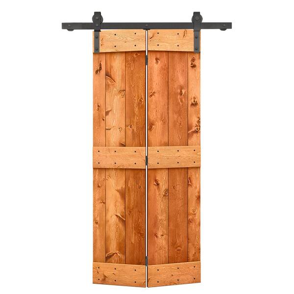 CALHOME 20 in. x 84 in. Mid-Bar Series Solid Core Red Walnut-Stained DIY Wood Bi-Fold Barn Door with Sliding Hardware Kit