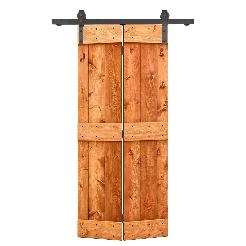 22 in. x 84 in. Mid-Bar Series Solid Core Red Walnut Stained DIY Wood Bi-Fold Barn Door with Sliding Hardware Kit price history on PriceWatchPro