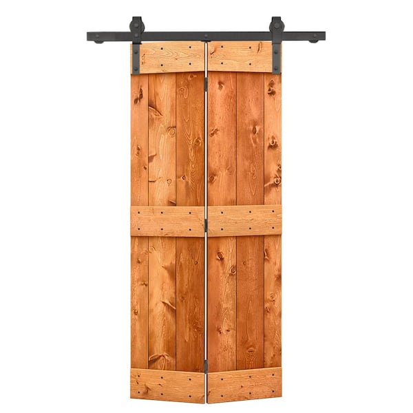 CALHOME 26 in. x 84 in. Mid-Bar Series Red Walnut-Stained DIY Wood Bi-Fold Barn Door with Sliding Hardware Kit
