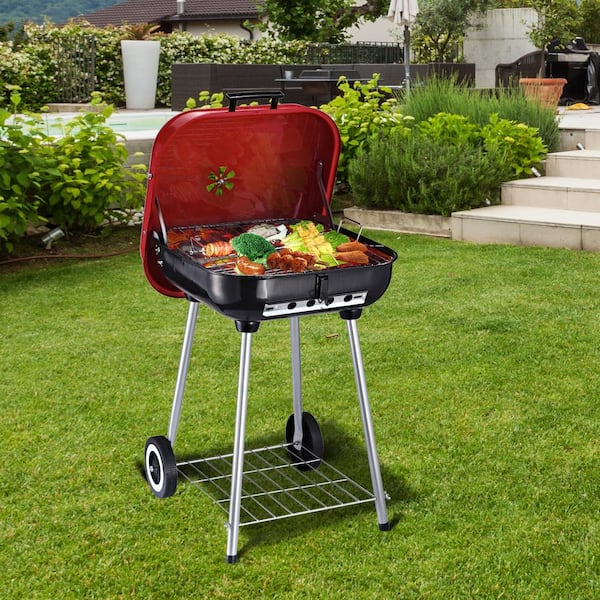 Outsunny 19 in. Steel Porcelain Portable Outdoor Charcoal Barbecue Grill in  Red with Heat Control Vents and 2 Wooden Side Shelves 846-043 - The Home  Depot