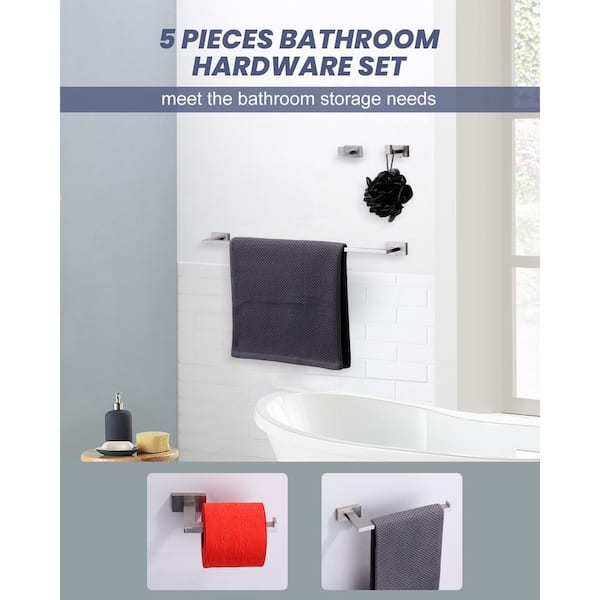 5-Piece Bath Hardware Set with Toilet Paper Holder, Hooks, Towel Bar in Brushed Nickel