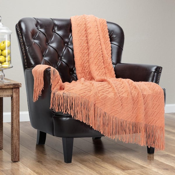 Textured Coral Bevel Knit Acrylic Throw Blanket with Tassels, 50 in. x 65 in.