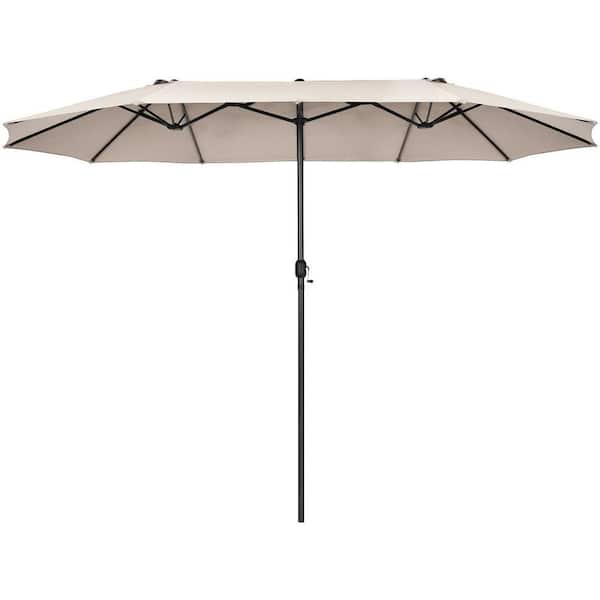 WELLFOR 15 ft. Market Double-Sided Patio Umbrella with Hand-Crank System in Beige