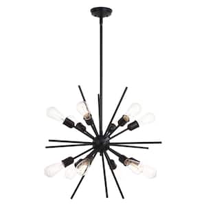 Estelle 27.5 in. Black Mid Century Modern 12-Light Sputnik Hanging Ceiling Pendant Chandelier