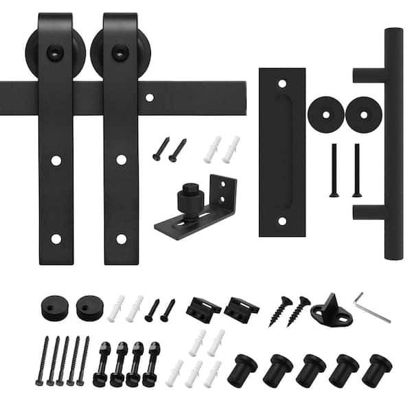 Boyel Living 6 ft./72 in. Black Steel Bent Strap Sliding Barn Door Track and Hardware Kit with 12 in. Cylinder Handle and Floor Guide