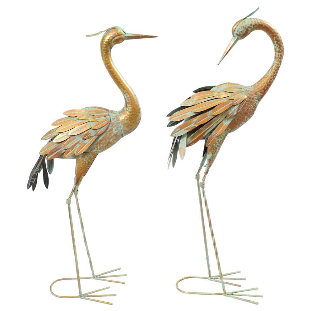 Golden and Blue Iron Crane Garden Statue Set, 40-inch