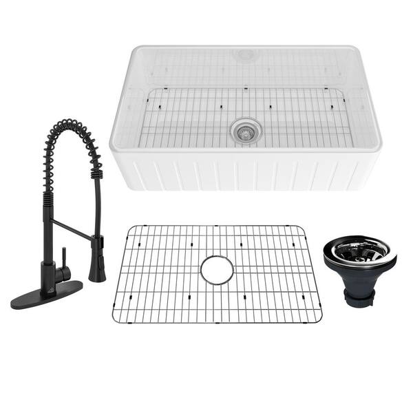 CASAINC Black Fireclay 33 in. Single Bowl Farmhouse Apron Kitchen Sink with Sprayer Kitchen Faucet and Accessories, 33 in. Matte Black Fireclay