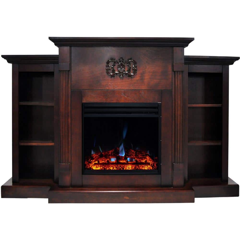 Classic Mahogany Freestanding Electric Fireplace with Bookshelves and Mantel