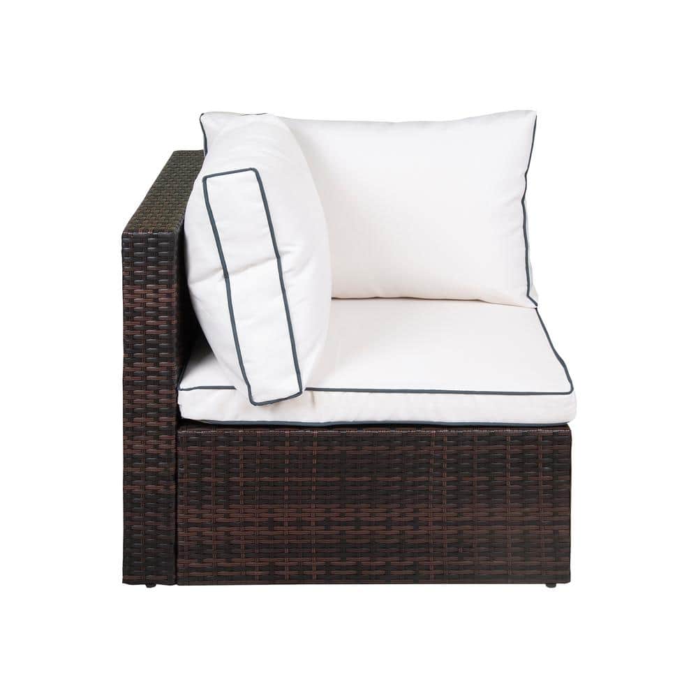 York 4-Piece Brown Wicker Outdoor Sectional Sofa with White Cushions