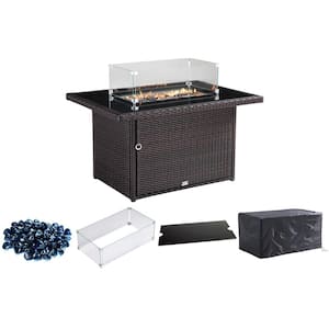 Hudson 44 in. x 32 in. Rectangular Outdoor Brown Wicker Aluminum Propane Fire Pit Table in Tempered Glass w/Fire Glass