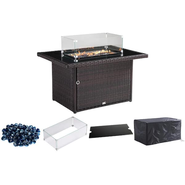 Oakville Furniture Hudson 44 in. x 32 in. Rectangular Outdoor Brown Wicker Aluminum Propane Fire Pit Table in Tempered Glass w/Fire Glass