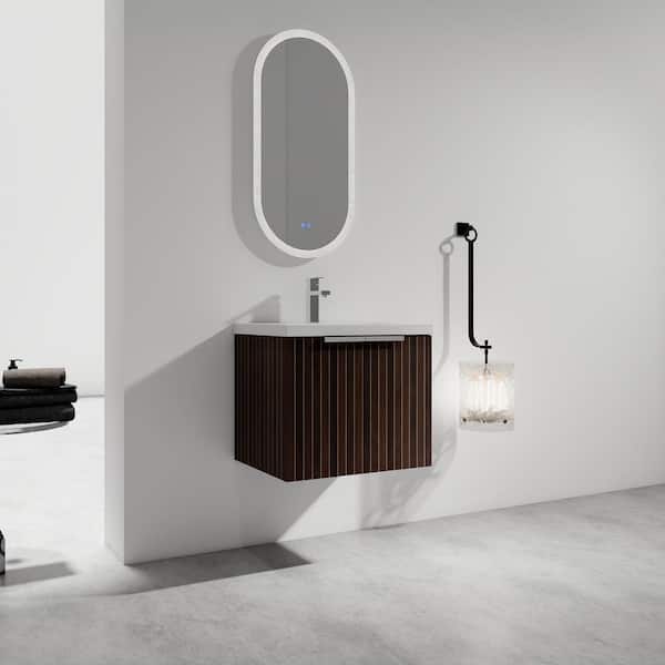 Elegant 24 in. W x 18.1 in. D x 20.5 in. H Floating in Silver-Brown Stripe Bath Vanity with White Resin Top