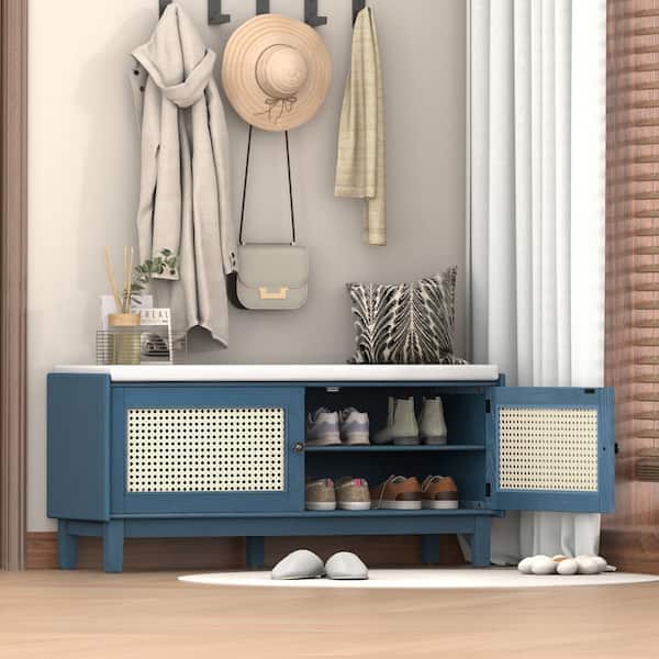 43 in. W x 15.3 in. D Navy Wood Shoe Storage Cabinet with Beige Cushion