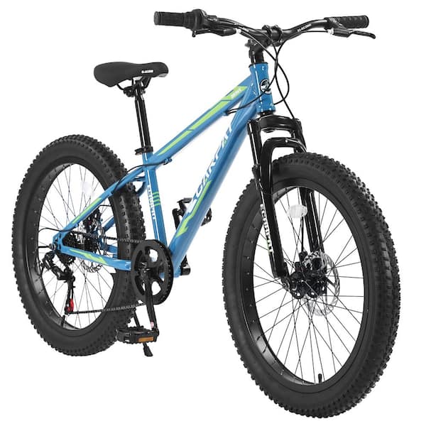 24-Inch 7-Speed Blue+Green Mountain Trail Bike with Dual Disc Brakes, High-Carbon Steel Frame, Front Suspension