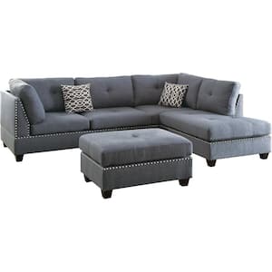 Florance II 104 in. Slope Arm 3-Piece Polyfiber L-Shaped Sectional Sofa in Blue Gray with Nailhead Trim