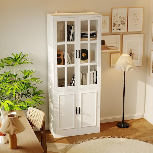 FUFU&GAGA White Wooden MDF (31.5 in. W) Food Pantry Cabinet, Sideboard, Storage Cabinet with 4 Tempered Glass Doors and 5 Shelves