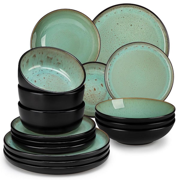 Series Amber 16-Piece Green and Black Stoneware Dinnerware Set Service for 4 Bowls and Plates Dining Set Tableware