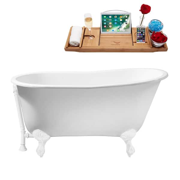 Streamline 53 in. x 28 in. Cast Iron Clawfoot Soaking Bathtub in Glossy White with Matte Black Clawfeet and Glossy White Drain