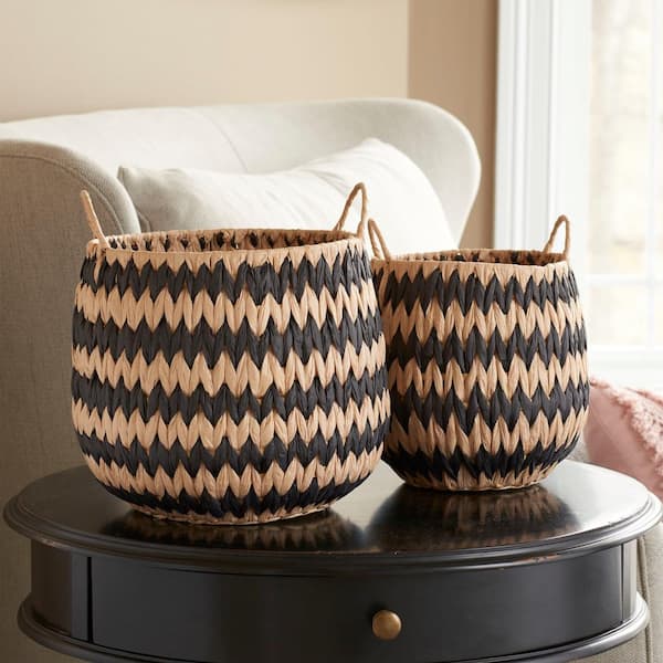 HOUSEHOLD ESSENTIALS Woven Basket Natural with Black Pattern (Set of 2)
