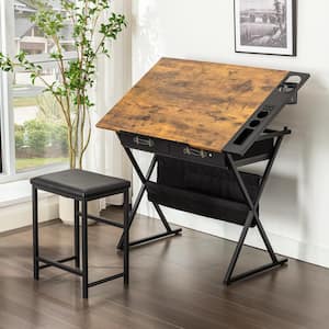 Height Adjustable Drafting Table Drawing Table Set 23.6 in. Rectangle Brown Wood 2-Drawer Writing Desk and Stool