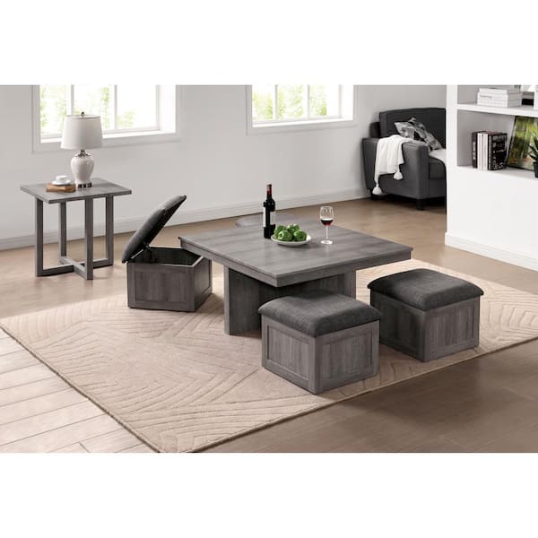 Furniture of America Tessi 38 in. Light Gray Square Wood Top 2-Piece Coffee Table Set with Ottomans