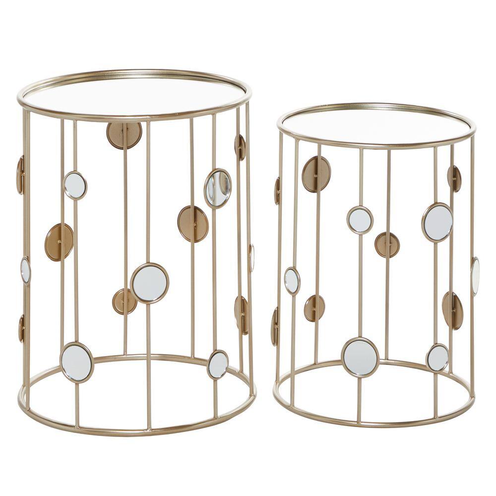13 in. Gold Medium Round Mirrored End Accent Table with Mirrored Glass Top (2- Pieces)