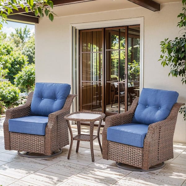Pocassy Round Side Series 3-Pieces Brown Wicker Outdoor Swivel Rocking Chair with CushionGuard Blue Cushions