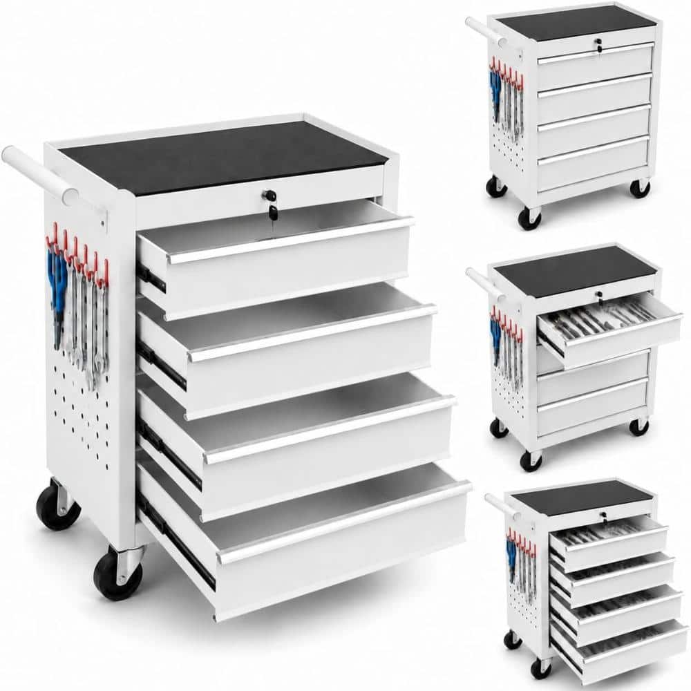 24.5 in. White 4-Drawer Rolling Tool Chest Tool Storage Cabinet with Lock, Side Hooks & Wheels for Garage Workshop price history on PriceWatchPro