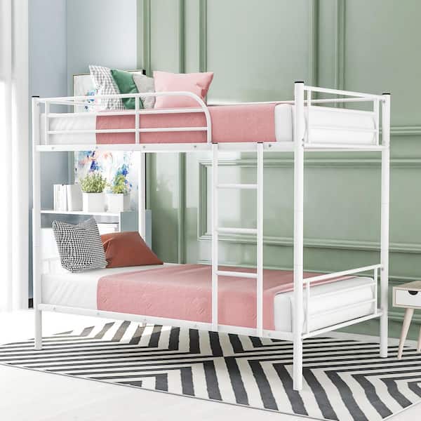 Aisword Twin Over White Metal Bunk, Space Saving Twin Over Bunk Bed