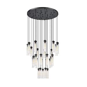 Beau 27-Light Matte Black Shaded Round Chandelier with Clear Glass Shade with No Bulbs Included
