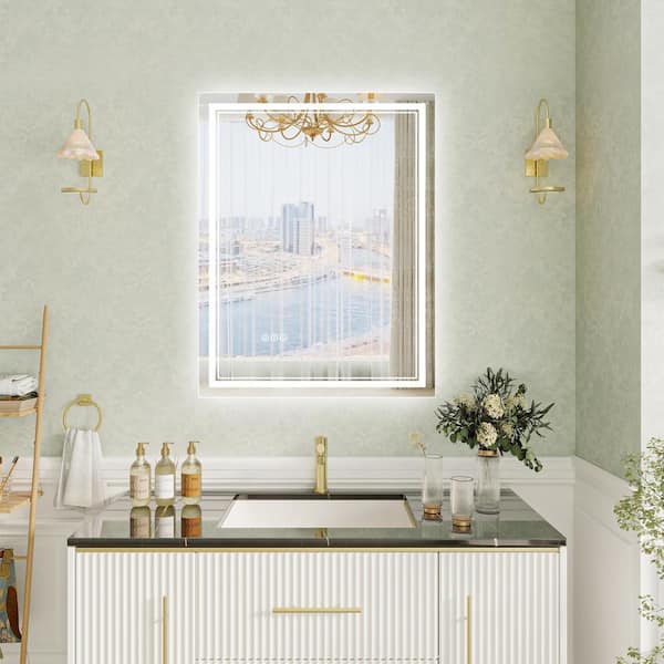 ANGELES HOME 28 in. W x 36 in. H Rectangular Frameless Anti-Fog Backlit Front Lighted Wall LED Bathroom Vanity Mirror, Tempered Glass