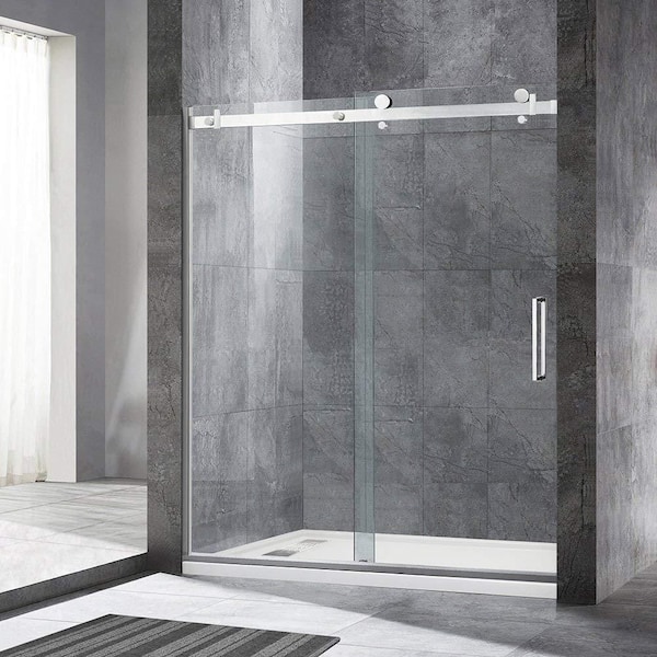 60 in. W x 76 in. H Single Sliding Frameless Shower Door in Brushed Nickel Finish with 5/16 in. (8 mm) Clear Glass