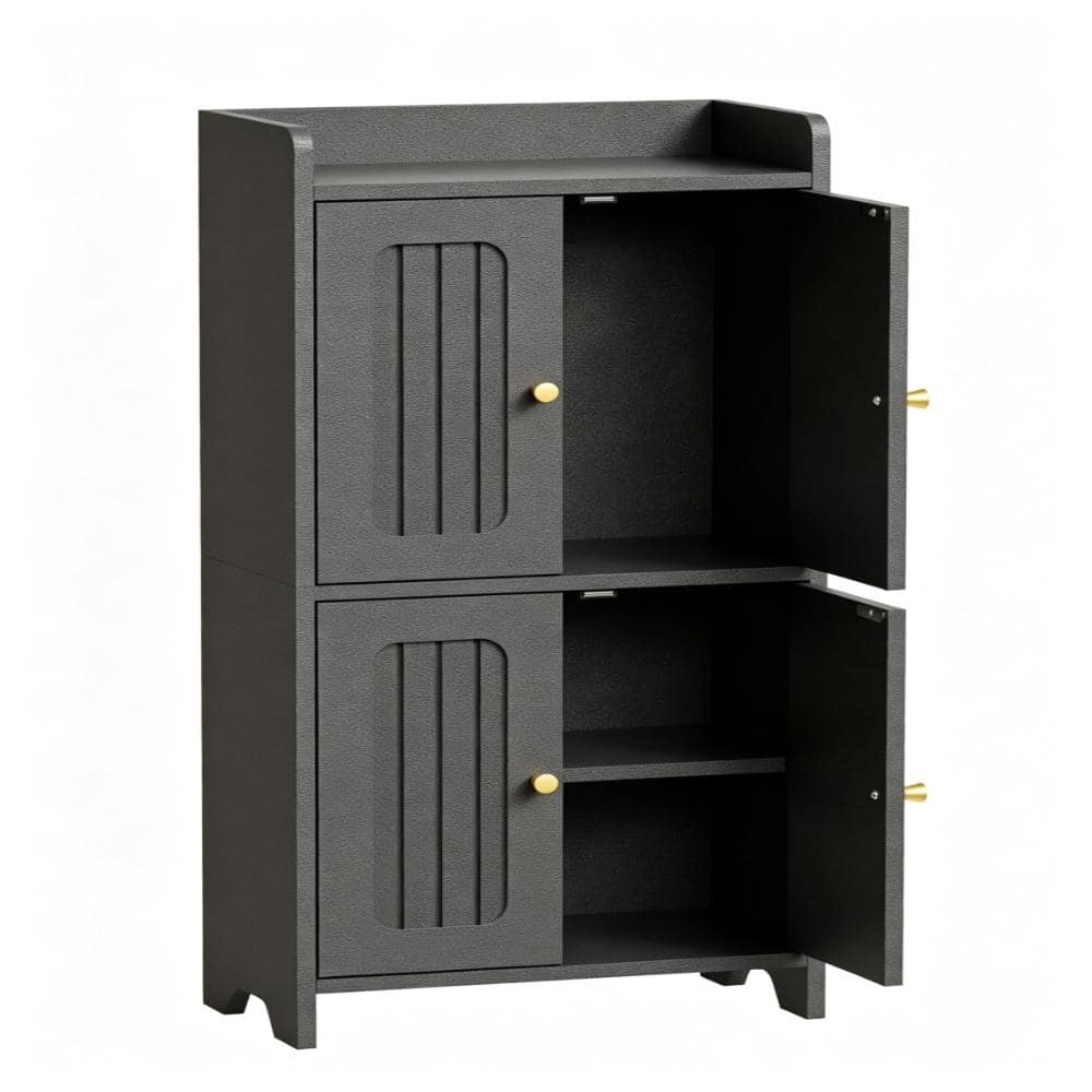 7.9"D x 14.6"W x 31.5"H Black Wood Floor Mount Medicine Cabinets with 4 Doors and Shelves in Black