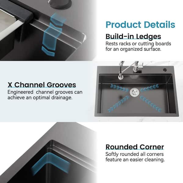 Amucolo 33 in. Drop-In Single Bowl Black Stainless Steel Kitchen