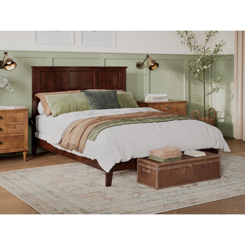 Madison Queen Walnut Upholstered Platform Bed with Storage Drawer