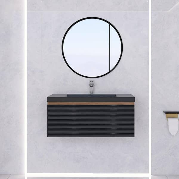 36 in. W x 20 in. D x 16 in. H Single Sink Wall-Mounted Bath Vanity in Mature Oak with Matte Black Cultured Marble Top