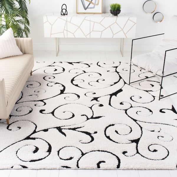 Florida Shag 11 ft. x 15 ft. Ivory/Black High-Low Floral Area Rug