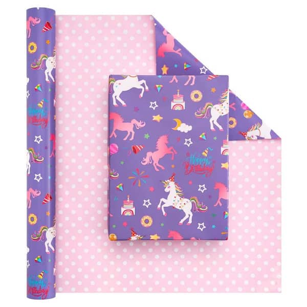 N/A Unicorn Princess Reversible Wrapping Paper Roll 17 x 33 ft. High Quality Material Jumbo Roll for Birthday Party Favor