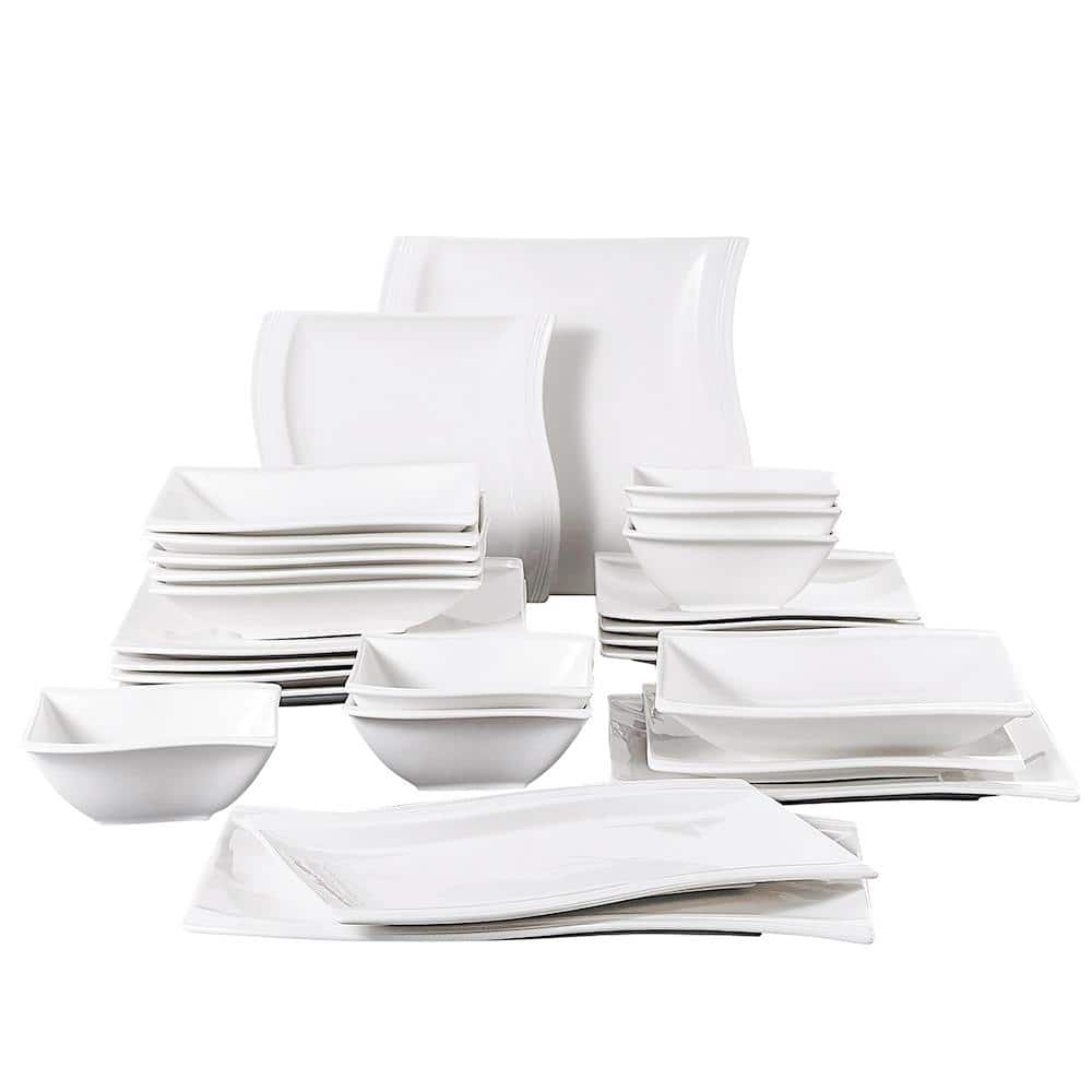 MALACASA Plates Set, Porcelain Dinnerware Sets for 6, 26-Piece Square Dish  Ivory White, Series Flora