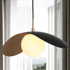 Bromeia 1-Light Black and Gold Pendant Light with White Globe Glass Shade