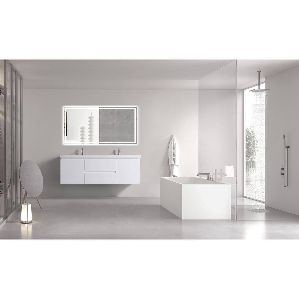 60" White Double Sink Floating Vanity with Resin Top