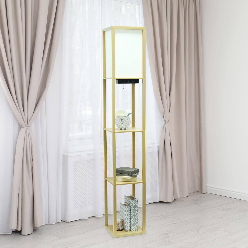 Tan Wood Floor Lamp with Shelves and Linen Shade