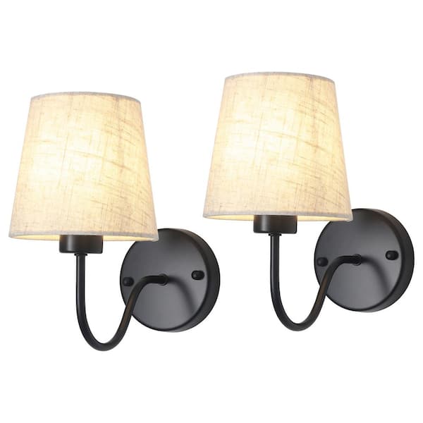 10.78 in. 1-Light Black Dimmable Vanity Light Bath Sconce Wall Light with Linen Beige Fabric Shade (Set of 2)