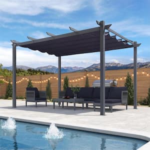 10 ft. x 13 ft. Dark Gray Aluminum Frame Pergola with Navy Blue Retractable Sun Shade Canopy and Extra Top Roof