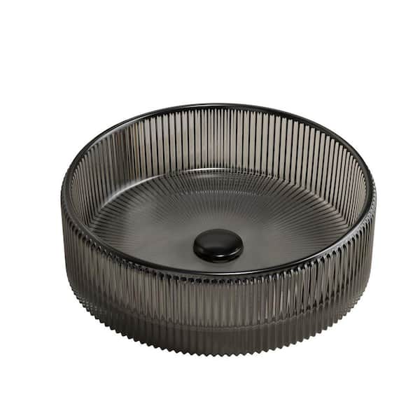 14 in. Vessel Bathroom Sink 14.17 in. in Transparent Black Crystal Glass With Drain Stopper