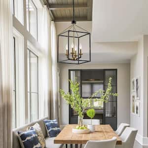4-Light Matt Black and Golden Modern Lantern Geometric Chandelier for Living Room Dining Room